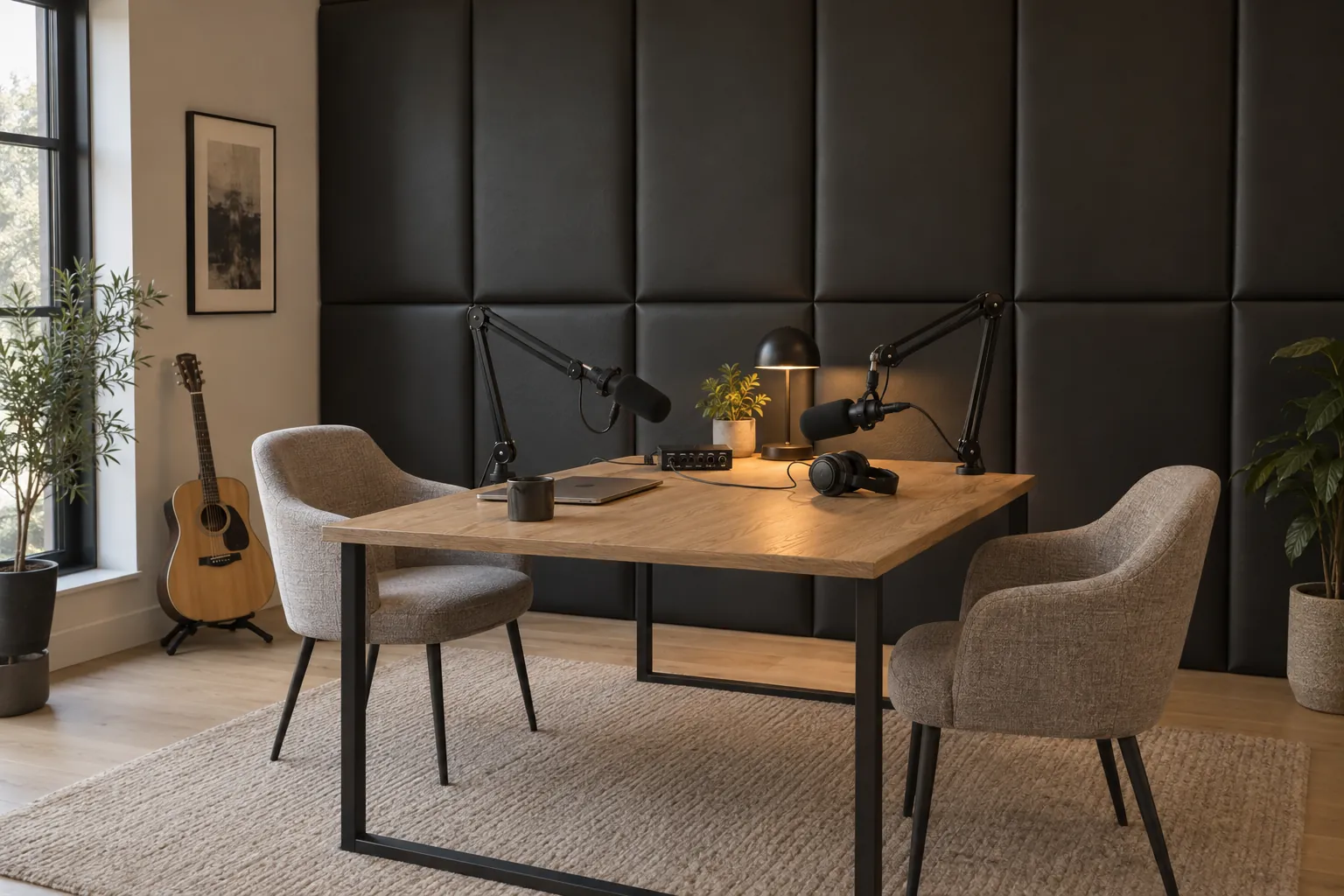 Acoustic wall panels in a home podcast and music room