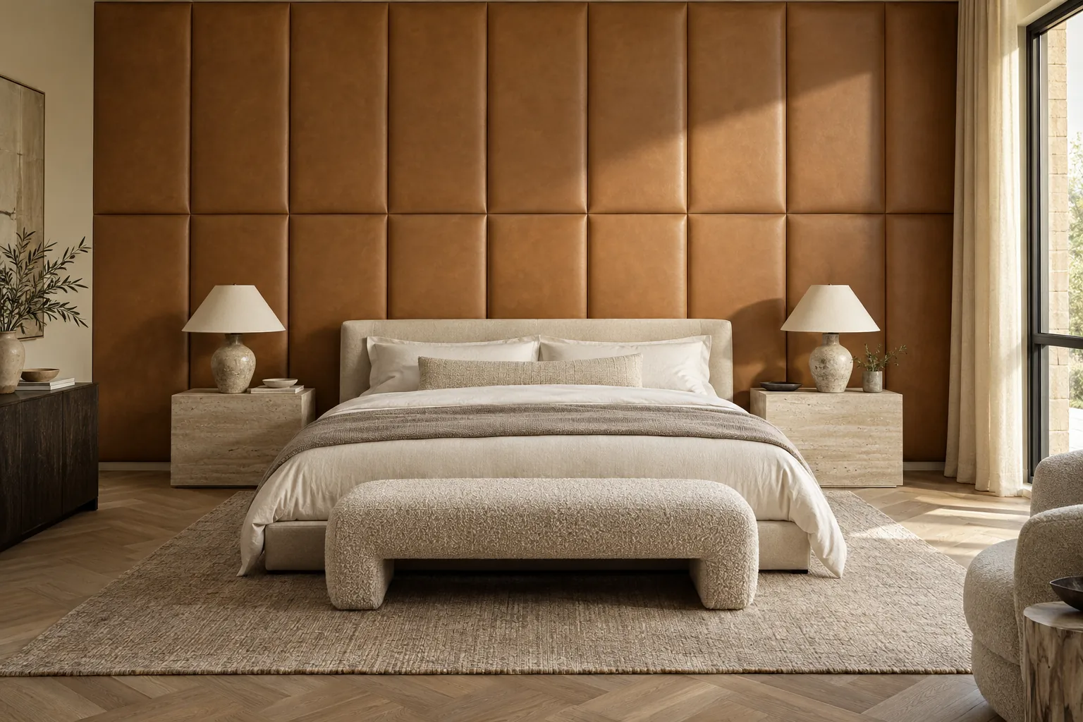 Faux leather headboard wall in a luxury bedroom