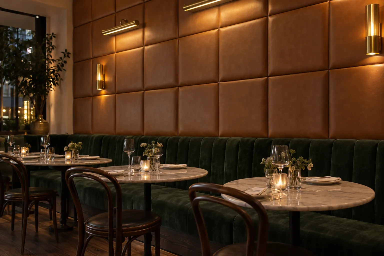 Faux leather wall panels above a banquette in a boutique hotel restaurant