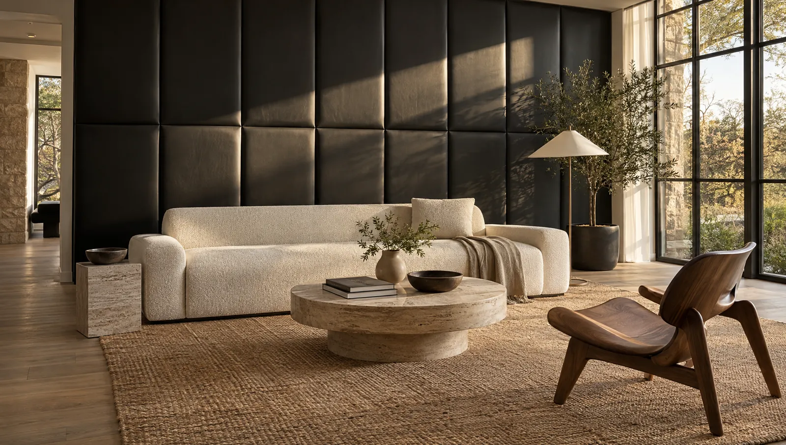 Black faux leather wall panels on a living room feature wall