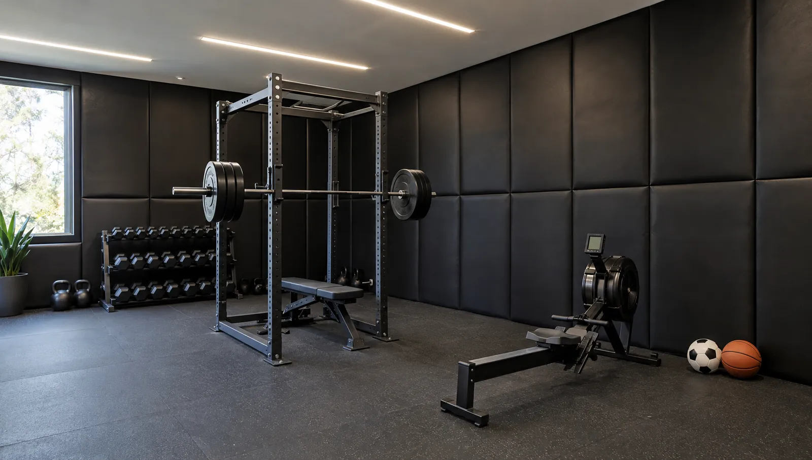 Padded wall panels in a home gym and multi-sport room