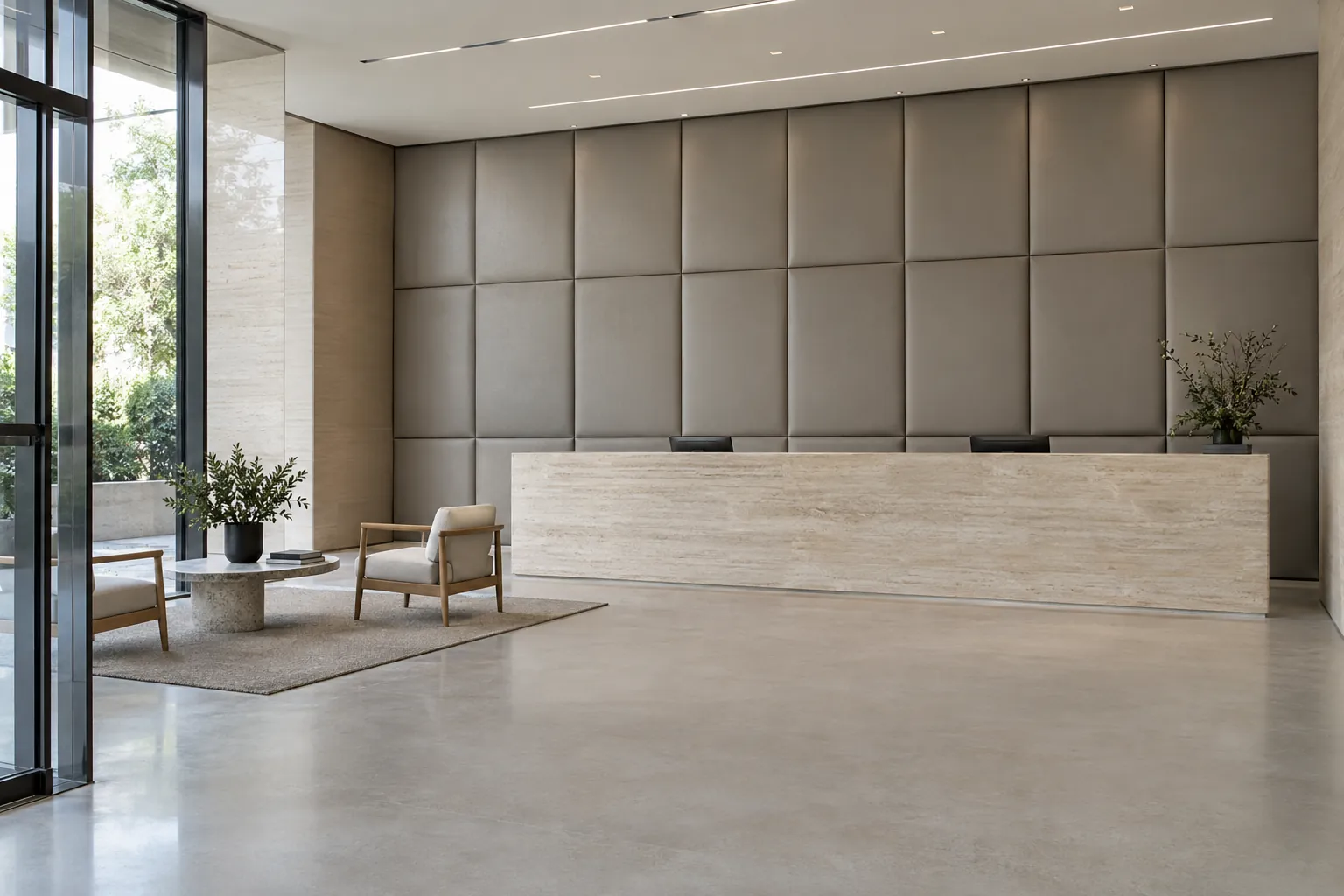Padded faux leather wall panels behind an office reception desk