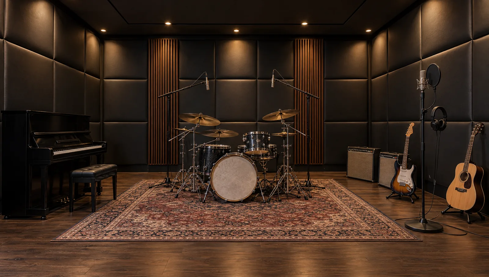 Soundproof music room with padded faux leather wall panels