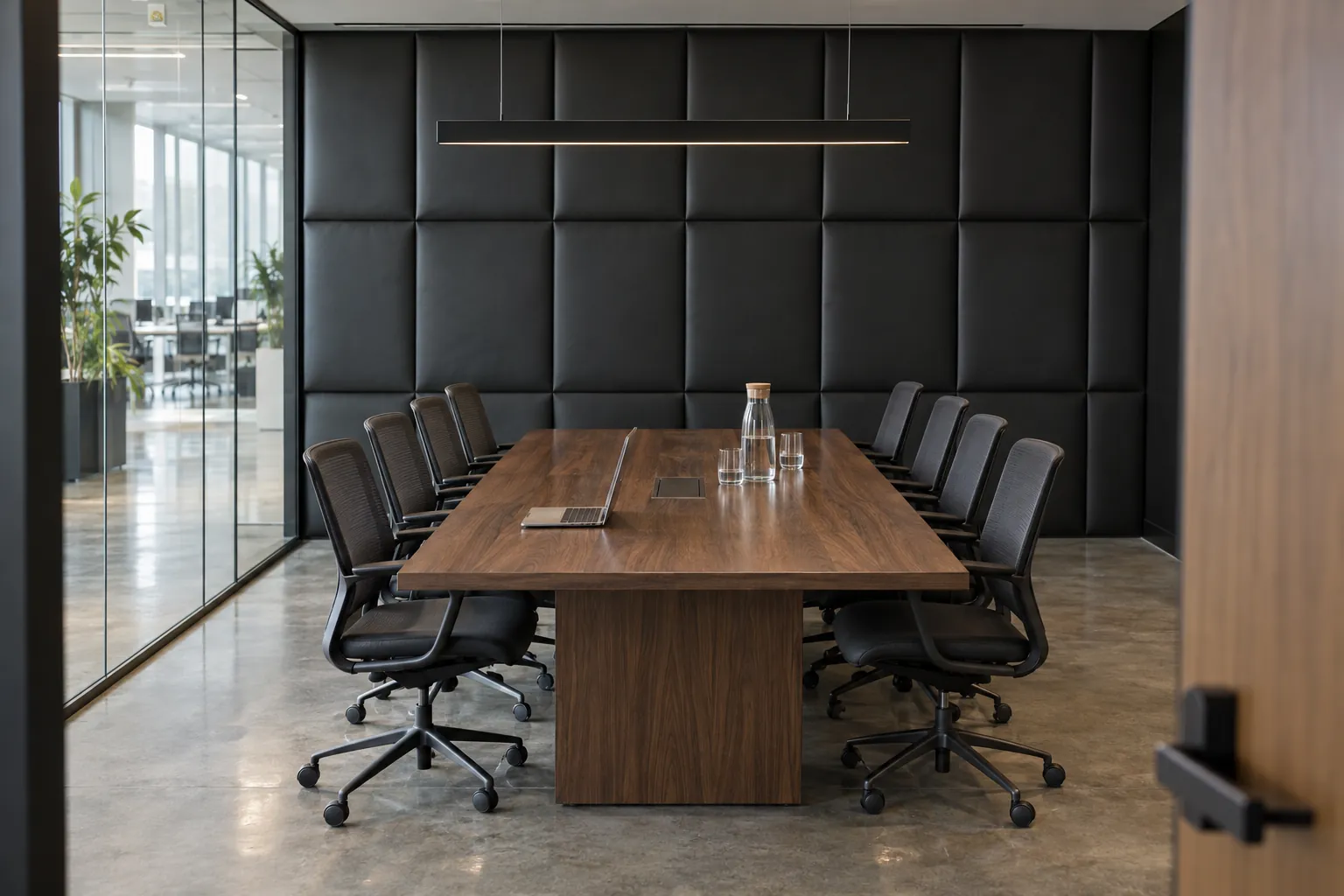 Soundproof wall panels behind the table in a conference room